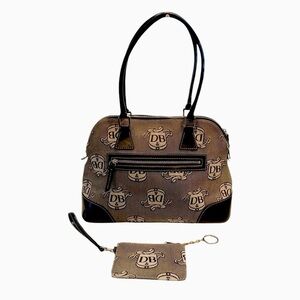 Dooney & Bourke Large Donegal Crest Logo Dome Satchel Bag Brown Tan Wristlet